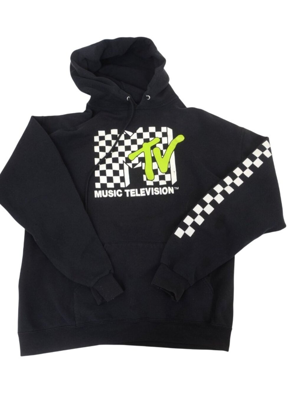 MTV Unisex Size XL Pullover Hoodie Sweatshirt Black Logo & Check 90's Design